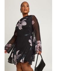 Boohoo - Plus Floral Long Sleeve Chiffon Mini Skater Dress - Lyst