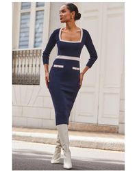 Sosandar - Contrast Trim Square Neck Knitted Dress - Lyst