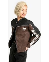 Boohoo - Embroidered Fitted Vintage Look Faux Leather Moto Jacket - Lyst