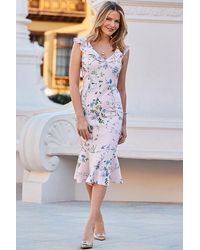 Sosandar - Floral Print Premium Ruffle Detail Midi Dress - Lyst