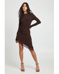 Boohoo - Slinky Boat Neck Lace Hem Midi Dress - Lyst