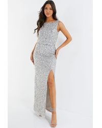 Quiz - Grey Embellished Split Leg Maxi Dress - Lyst