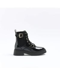 River Island - Boots Black Patent Buckle Lace Up Canvas - Lyst