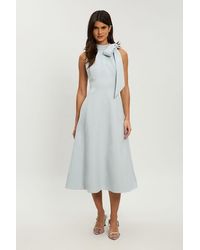 Karen Millen - Petite Compact Stretch Bow Tie Neck Full Skirted Midi Dress - Lyst