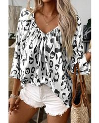 Azura Exchange - Damen Leopard-Punkte V-Ausschnitt Bluse 3/4 Ärmel Lockerer Schnitt Freizeit Top - Lyst