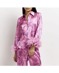 River Island - Shirt Pink Satin Printed Feather Cuff - Lyst