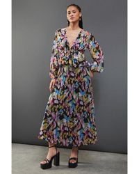 Warehouse - Floral Chiffon Frill Waist Pleated Midaxi Dress - Lyst