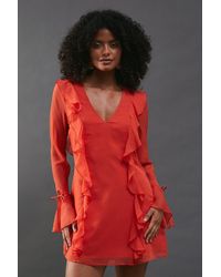 Warehouse - Chiffon Ruffle Detail Tie Sleeve Mini Dress - Lyst