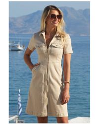 Sosandar - Ecru Short Sleeve Zip Front Denim Dress With Pockets - Lyst