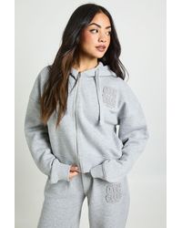 Boohoo - Ath Club Towelling Applique Boxy Zip Through Hoodie - Lyst