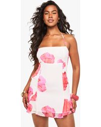 Boohoo - Petite Floral Chiffon Strappy Tie Front Godet Hem Mini Dress - Lyst