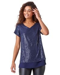 Roman - V-Neck Sequin Contrast Hem Tunic Stretch Top - Lyst