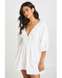 Boohoo - Linen Look Volume Sleeve Shirred Skater Dress - Lyst