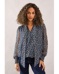 Wallis - Floral Tie Neck Shirred Blouse - Lyst