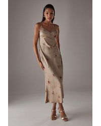 Warehouse - Rose Satin Tie Strap Lace Detail Midi Slip Dress - Lyst