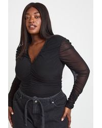 Boohoo - Plus Mesh Ruched Neckline Long Sleeve Bodysuit - Lyst