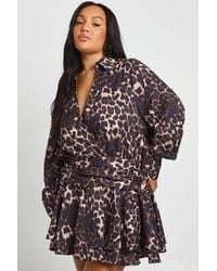 Boohoo - Plus Leopard Ruffle Mini Skirt Shirt Dress - Lyst