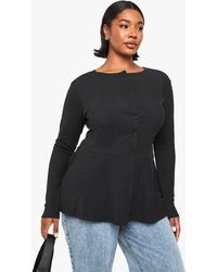 Boohoo - Plus Rib Button Down Peplum Top - Lyst