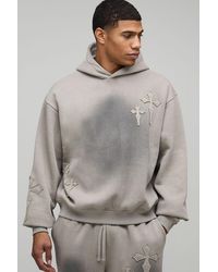 BoohooMAN - Oversized Boxy Spray Wash Cross Applique Hoodie - Lyst