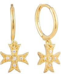 SEOL + GOLD - 18Ct Plated Cz Cross Charm Hoop Earrings - Lyst