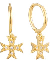 SEOL + GOLD - 18Ct Plated Cz Cross Charm Hoop Earrings - Lyst