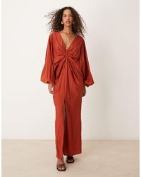 ASOS - Plunge Ruched Bust Maxi Dress With Blouson Sleeve - Lyst