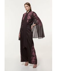 Karen Millen - Cutwork Beaded Twill Wide Leg Woven Trouser - Lyst