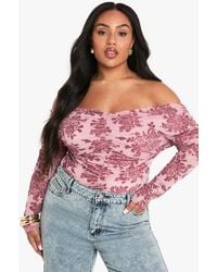 Boohoo - Plus Devore Long Sleeve Bardot Top - Lyst