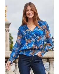 Sosandar - Multi Print Frill Detail Shirred Hem Blouse - Lyst