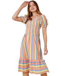 Roman - Stripe Shirred Puff Sleeve Cotton Dress - Lyst