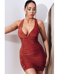 Femme Luxe - Slinky Ruched Plunge Bodycon Mini Dress - Lyst