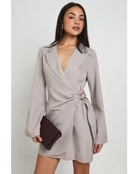 Boohoo - Linen Look Trim Tie Side Blazer Dress - Lyst
