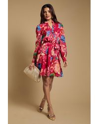Oasis - Petite Printed Chiffon Button Up Belted Waist Mini Dress - Lyst