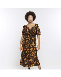 River Island - Wrap Midi Dress Plus Leaf Print Viscose - Lyst