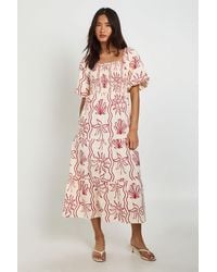 Boohoo - Shell Print Linen Look Volume Sleeve Tiered Midaxi Dress - Lyst