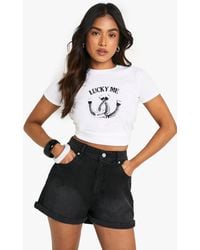 Boohoo - Petite Denim Mom Short - Lyst