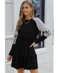 Azura Exchange - Dames Leopard Patchwork Lange Mouwen Mini Jurk In Zwart - Lyst