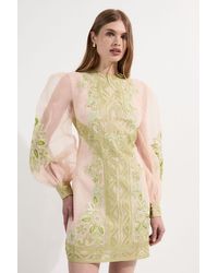 Karen Millen - Petite Embroidered Organdie Balloon Woven Mini Dress - Lyst