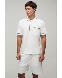BoohooMAN - Pique Contrast Piping Concealed Placket Regular Fit Boxy Polo & Fit Short Set - Lyst