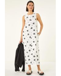 Roman - Cotton Palm Print Pocket Midi Dress - Lyst