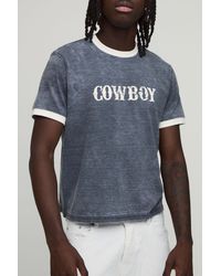 BoohooMAN - Regular Ringer Slub Cowboy Club Puff Print T-Shirt - Lyst