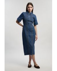 Karen Millen - Denim Corset Stitch Detail Pencil Midi Dress - Lyst