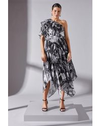Wallis - Printed Asymmetric Pleated Midi Dress - Lyst