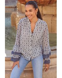 Sosandar - Geometric Print Fluted Cuff Contrast Trim Blouse - Lyst