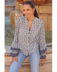 Sosandar - Geometric Print Fluted Cuff Contrast Trim Blouse - Lyst