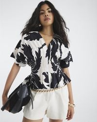 River Island - Top Short Sleeve Printed Shirred Cotton - Lyst