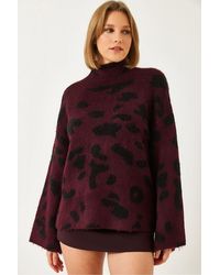 Bianco Lucci - Relaxed Fit Leopard Print Half Turtleneck Sweater - Lyst