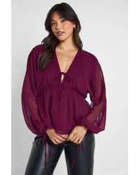 Boohoo - Chiffon Tie Front Volume Blouse - Lyst