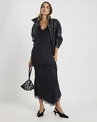 River Island - Midi Skirt Satin Lace Trim - Lyst