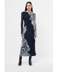 French Connection - Marble Print Mesh Long Sleeve Side Slit Midi Dress - Lyst